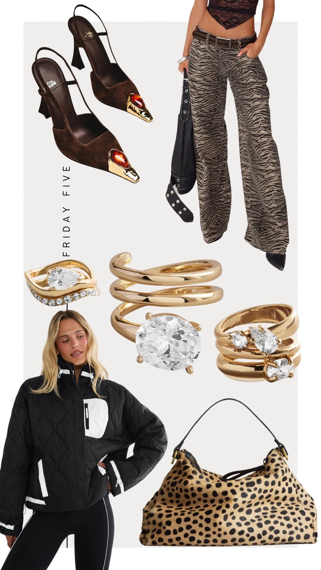 Friday Five: 9-4-26
1. Jeffrey Campbell Sorcerer Heels 
2. Princess Polly Low Rise Baggy Jeans 
3. Baublebar Rings 
4. Beach Riot Harvie Jacket 
5. Parker Thatch Daily Bag in Leopard

#LTKootd
