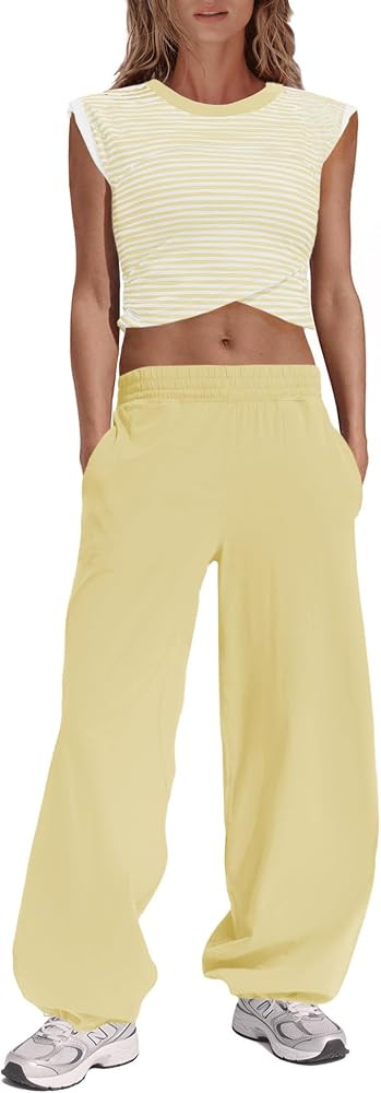 Panadila Womens Striped Lounge Sets 2 Piece Outfits Cropped T Shirts Wide Leg Pants Set Summer Sw... | Amazon (US)
