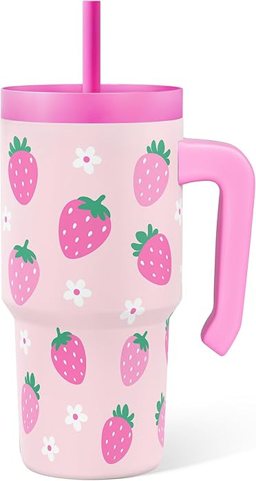 SANDJEST Strawberry Tumbler 20oz with Handle and Silicone Straw Lid for Kid, Insulated Stainless ... | Amazon (US)