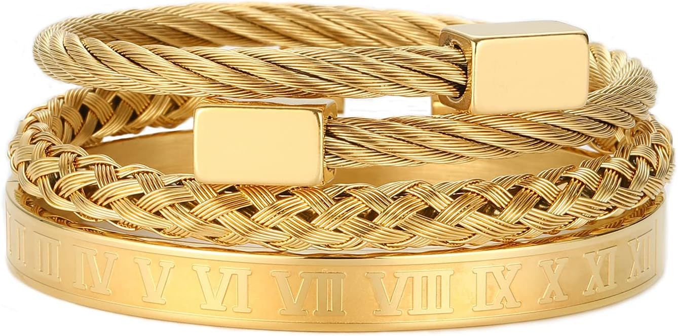Men Bracelets Luxury Royal Crown Charm Stainless Steel Roman numerals Cuff Bangle Jewelry Gold/Si... | Amazon (US)
