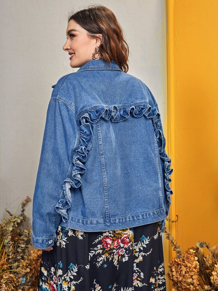 Plus Ruffle Trim Drop Shoulder Denim Jacket | SHEIN