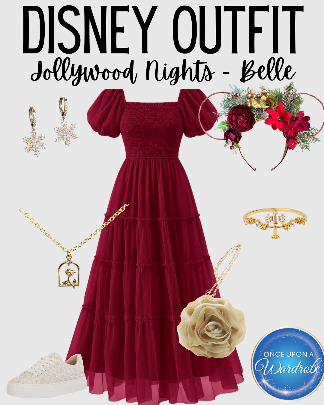 Belle-inspired Disney outfit idea for Jollywood Nights at Hollywood Studios featuring a deep red dress, floral Minnie ears and gold Beauty and the Beast accessories. The rose necklace and Lumière bracelet bring in subtle Belle details, while sparkly sneakers keep the look practical for a night in the parks. Perfect inspiration for Disney Jollywood Nights outfits, Belle Disneybound ideas, Beauty and the Beast outfits, Disney Christmas outfits for women and holiday outfits for Hollywood Studios. 

 #LTKSeasonal #LTKTravel