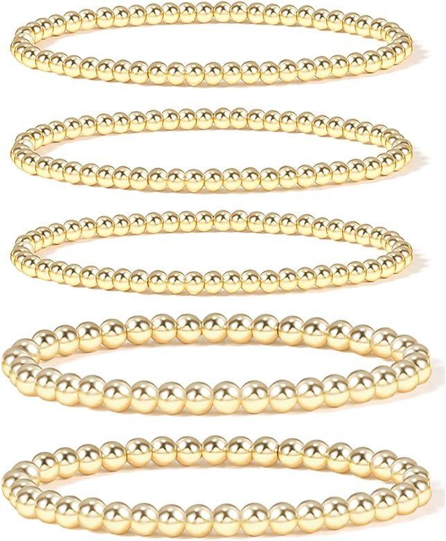 Gold Bead Bracelet for Women,14K Gold Plated Bead Ball Bracelet Stretchable Elastic Bracelet | Amazon (US)