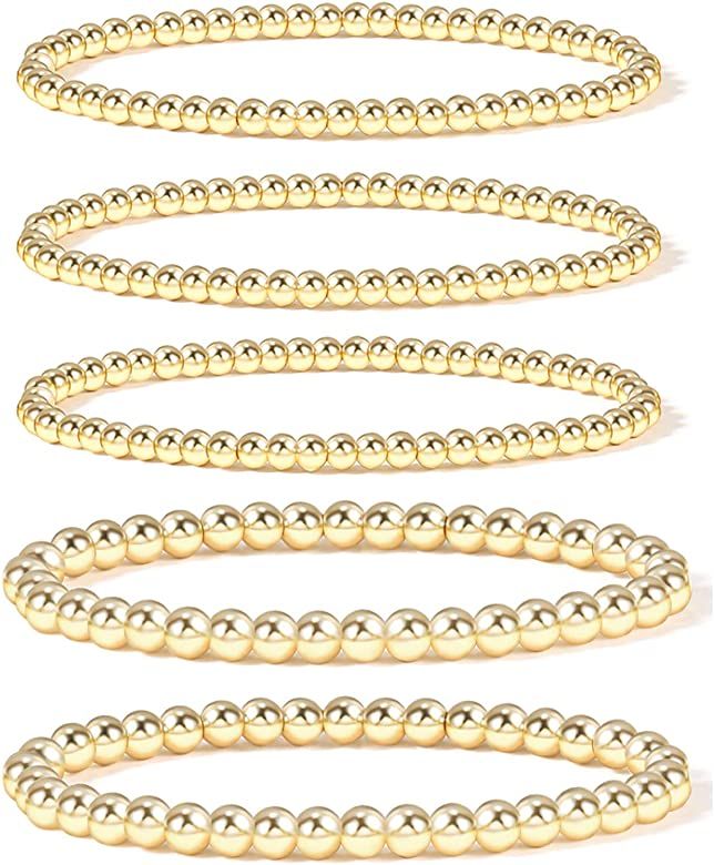 Gold Bead Bracelet for Women,14K Gold Plated Bead Ball Bracelet Stretchable Elastic Bracelet | Amazon (US)