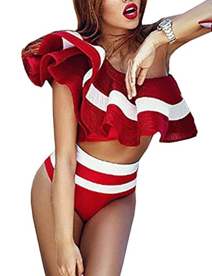 Womens One Piece Stripe Mesh High Waisted One Shoulder Ruffle Bodysuit Swimsuit | Amazon (US)