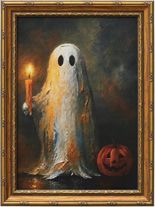 QIESIDM Framed Vintage Halloween Ghost Canvas Wall Art, Cute Ghost Holding Candle with Pumpkin Pi... | Amazon (US)