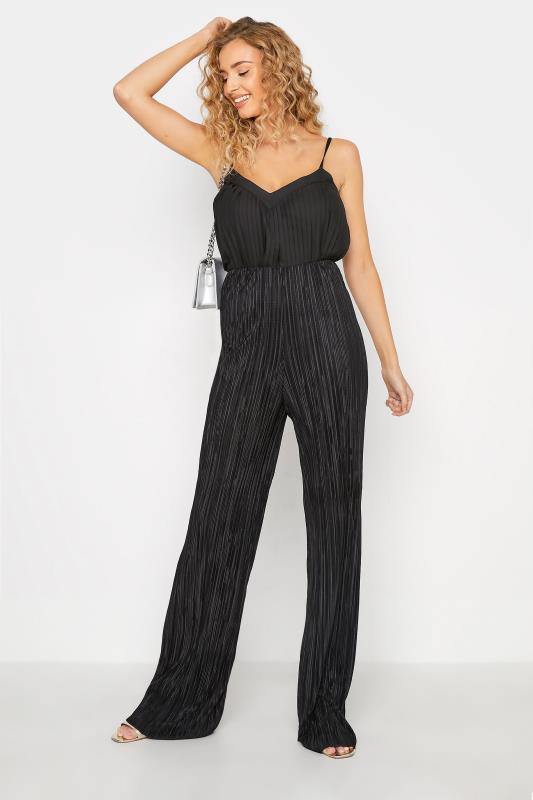 LTS Tall Black Glitter Plisse Stretch Wide Leg Trousers | Long Tall Sally