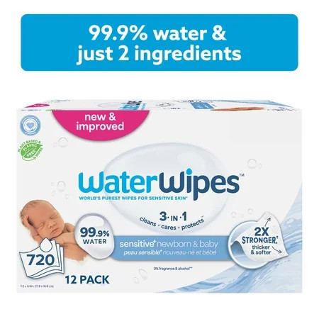 WaterWipes Sensitive Newborn & Baby Wipes, 3-In-1 Cleans, Cares, Protects, 99.9% Water, Unscented & Hypoallergenic, 720 Wipes | Walmart (US)