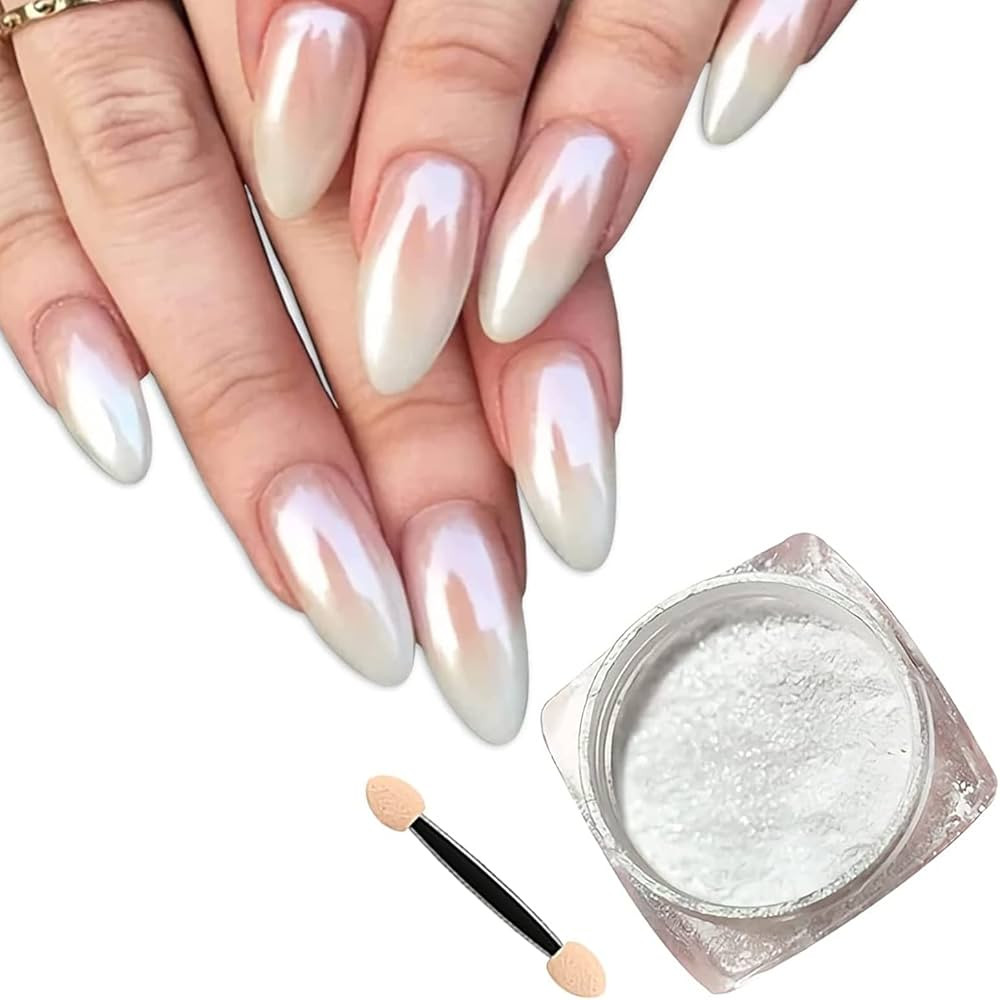White Pearl Chrome Nail Powder,Holographic Iridescent Chameleon Nail Powder,Transparent Aurora Na... | Amazon (US)