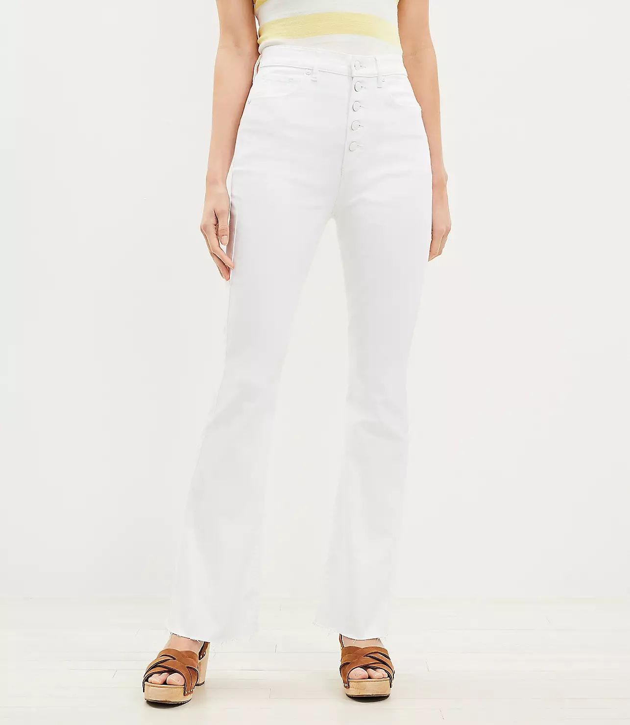 Curvy Button Front Fresh Cut High Rise Slim Flare Jeans in White | LOFT