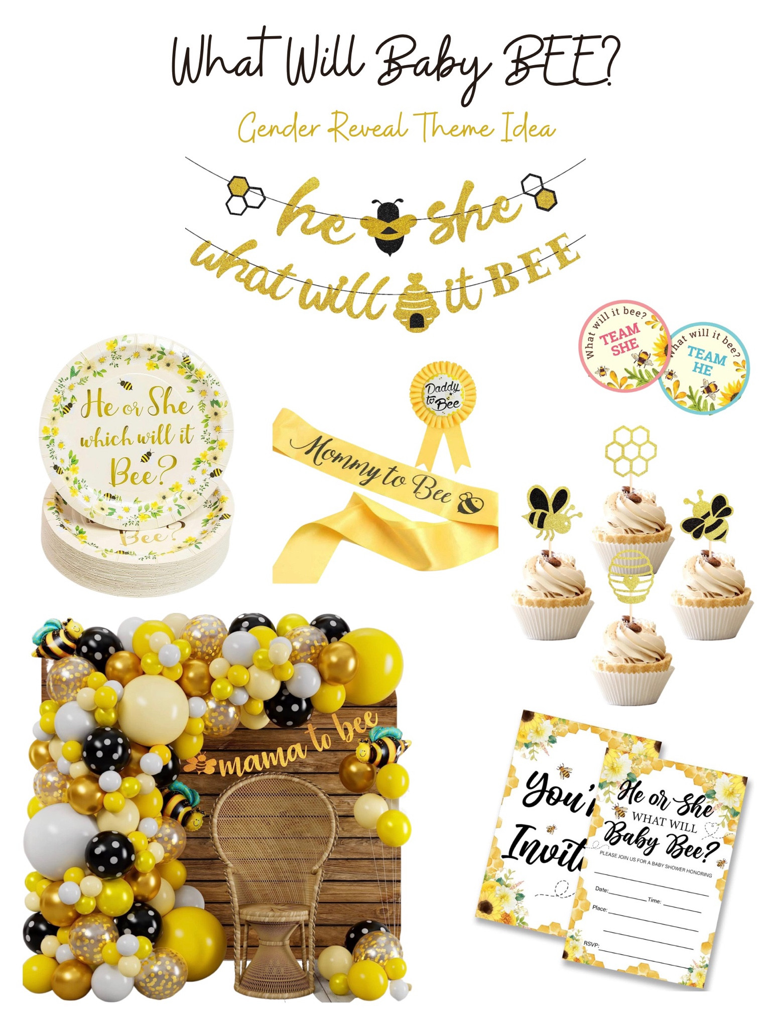 Birthday Galore What Will The Little Honey Bee? Gender Reveal Party Supplies Set Plates Napkins Cups Tableware Kit for 16