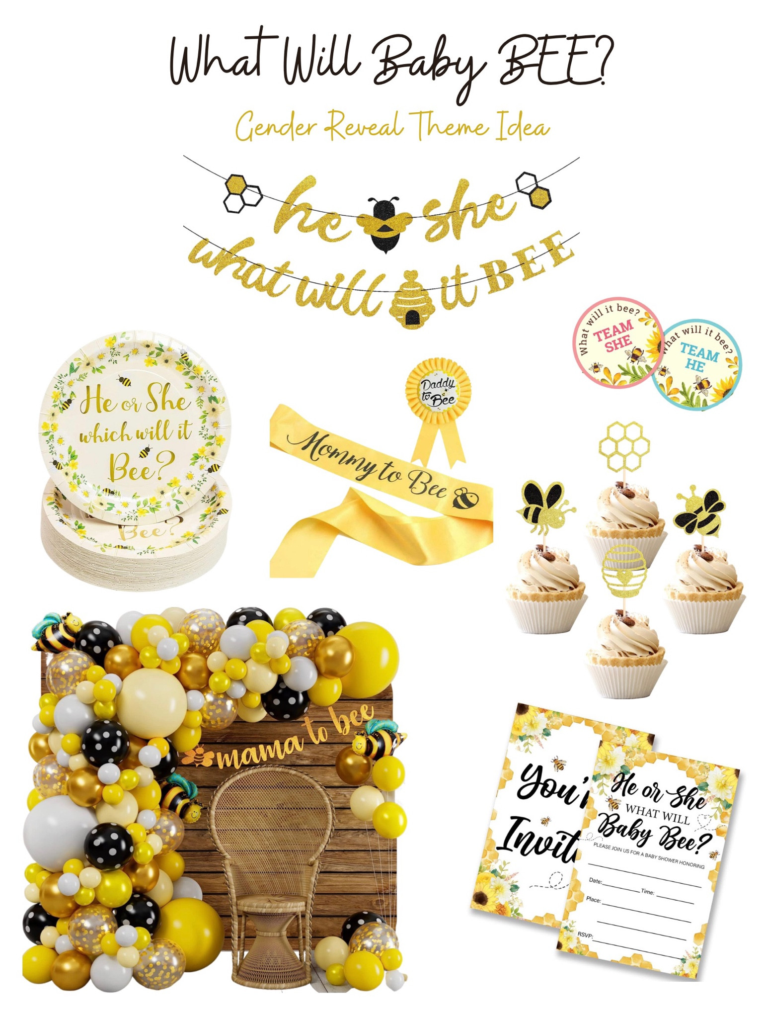 What Will Baby Bee Gender Reveal Theme Idea
#genderreveal #whatwillitbe #whatwillitbee
#whatwillbabybee #whatwillbabybe
#genderrevealidea #genderrevealideas
#genderrevealideas #genderrevealtheme
#genderrevealparty #GenderRevealGame
#Genderrevealgames #BeeParty #BeeTheme
#BlackandYellow #BlackYellow #BlackGold
#BlackandGold #YellowGold #YellowandGold

#LTKfamily #LTKbaby #LTKbump