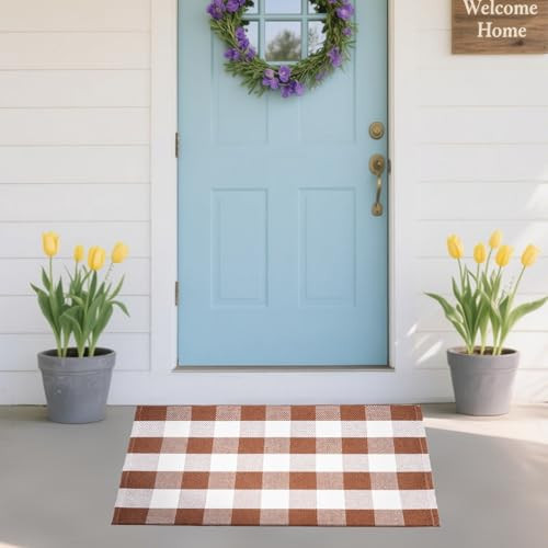 Buffalo Plaid Area Rug - 27.5x43 Inches, Brown and White Checkered, Washable Cotton, Ideal for Front Porch, Kitchen, Entryway, Patio, Bathroom | Amazon (US)