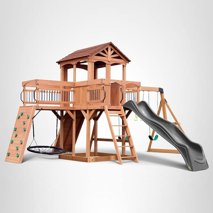 Backyard Discovery Sterling Point Cedar Wood Swing Set with Wave Slide, Raised Clubhouse, Wooden ... | Amazon (US)