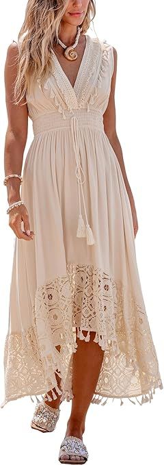 CUPSHE Women's Maxi Dress V Neck Sleeveless Lace Tassel Smocked Waist Cover Up Beach Formal Long ... | Amazon (US)