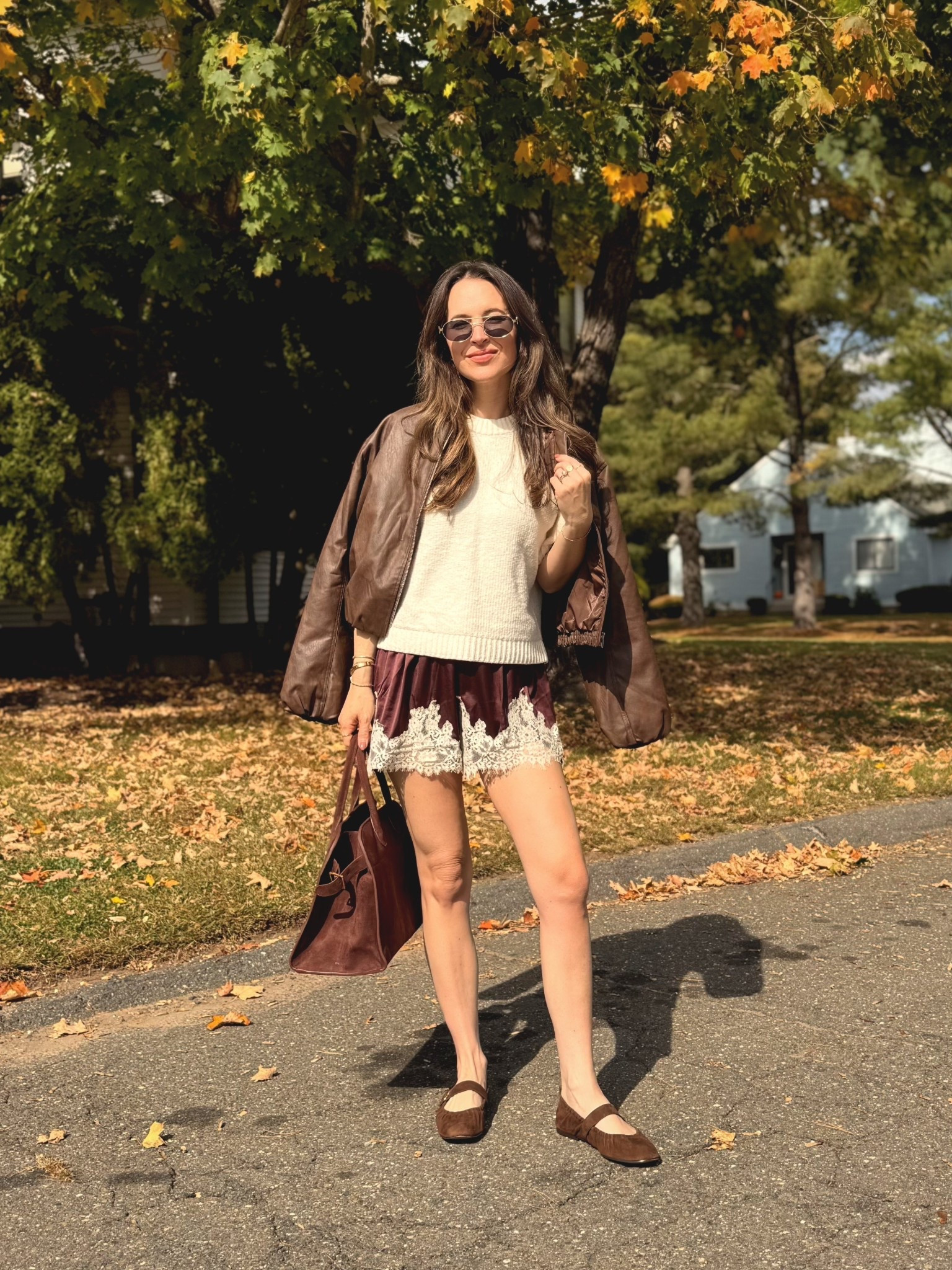 Fall outfit. Styling brown lace shorts with a brown leather jacket and brown suede accessories  

#LTKOver40 #LTKStyleTip #LTKFindsUnder50