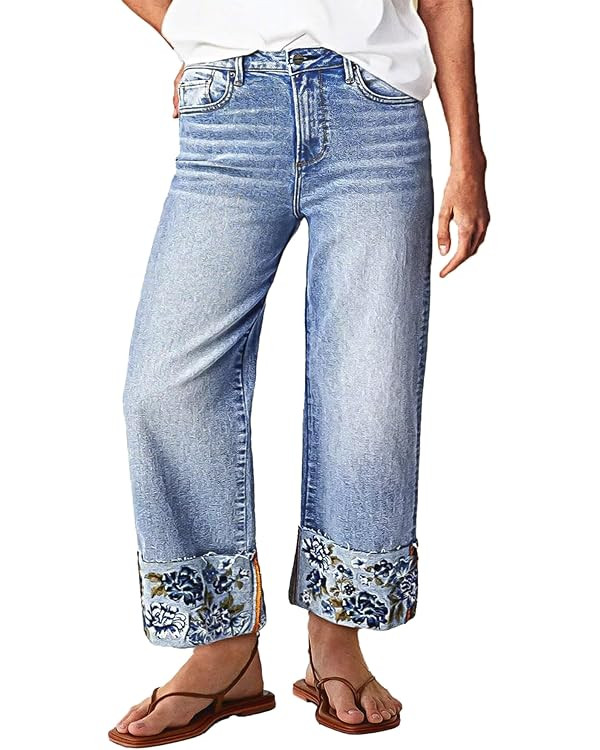 Flamingals High Waisted Straight Leg Cuffed Jeans for Women Trendy Floral Embroidery Roll Hem Bag... | Amazon (US)