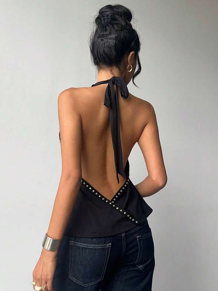 Aloruh Women's  YTK Sexy Draped Collar Backless Studded Halter Top Summer Tops For Women Women Ra... | SHEIN