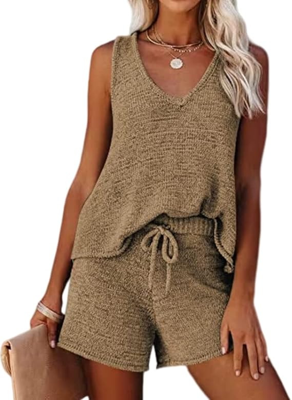 Ekouaer Womens 2023 Fashion Knit Pajama Set 2 Piece Outfits V-Neck Sleeveless Tank Top and Drawst... | Amazon (US)