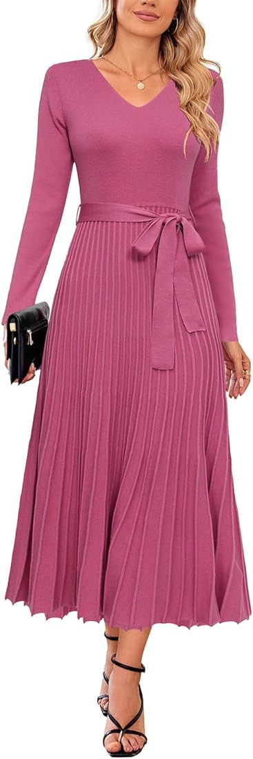 Arach&Cloz 2024 Fall Wool Blended Womens Long Sleeve V Neck Tie Waist Pleated A Line Ribbed Knit ... | Amazon (US)