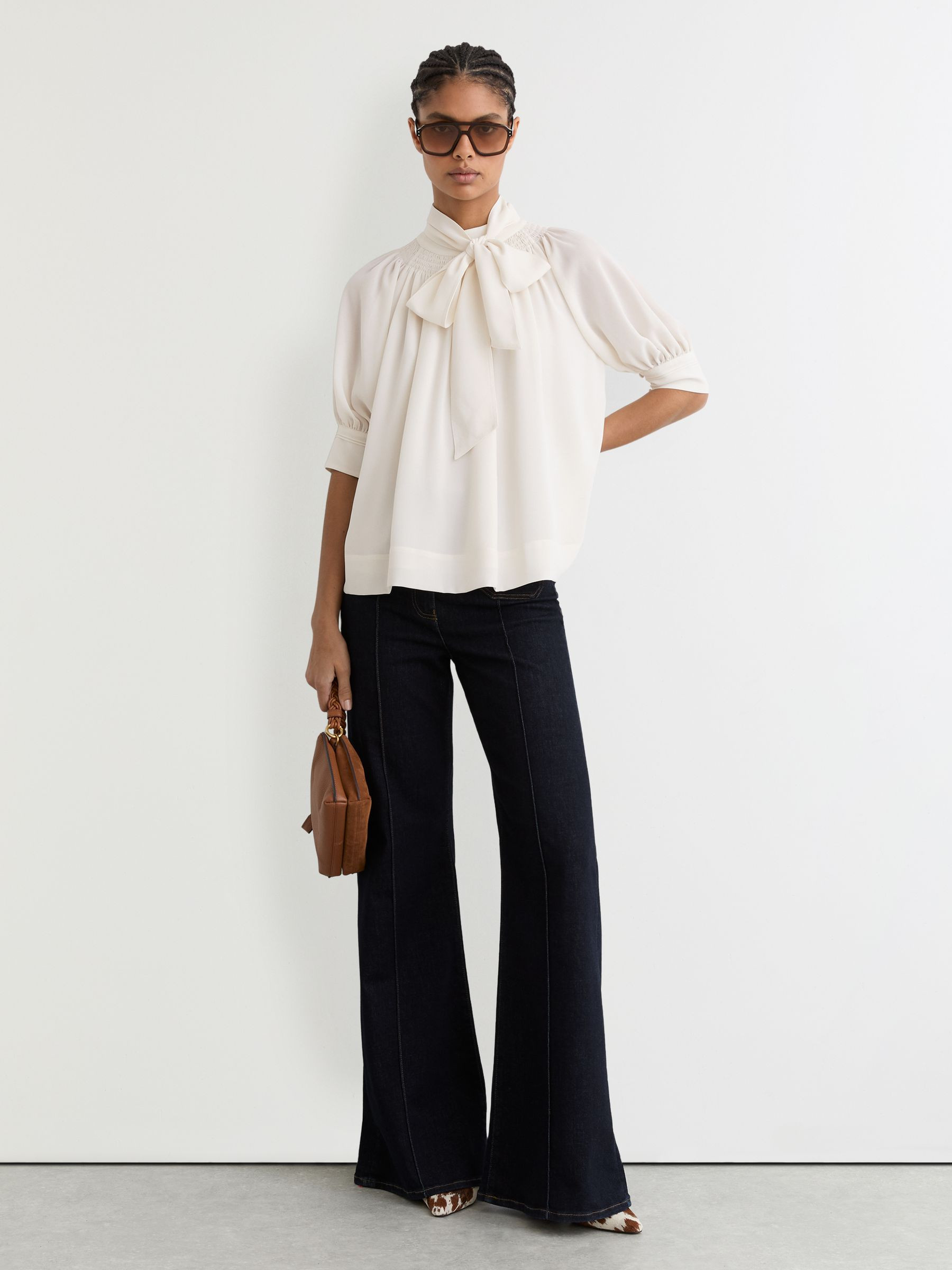 Reiss Tie-Neck Short-Sleeve Blouse in Ivory | REISS | Reiss US