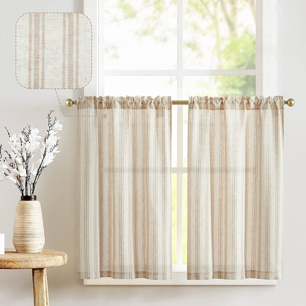 jinchan Linen Kitchen Curtains Striped Tier Curtains 36 Inch Cafe Curtains Farmhouse Small Curtai... | Amazon (US)