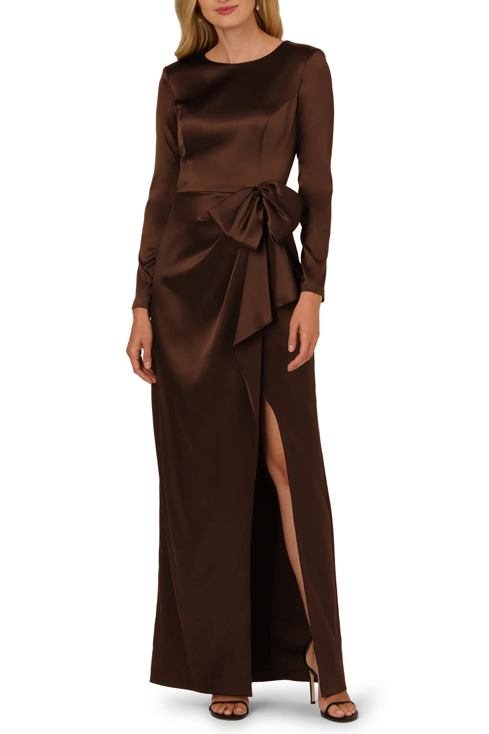 Adrianna Papell Side Bow Long Sleeve Stretch Satin Gown (Women) | Nordstrom | Nordstrom