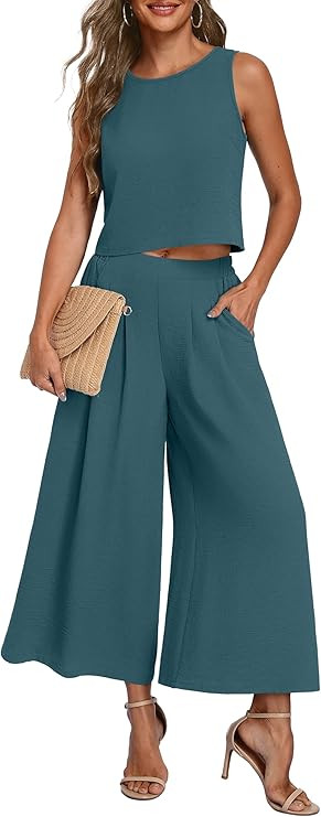 Lepunuo Womens Summer 2 Piece Outfits Sleeveless Crop Top Flowy Wide Leg Pants Matching Sets Vaca... | Amazon (US)