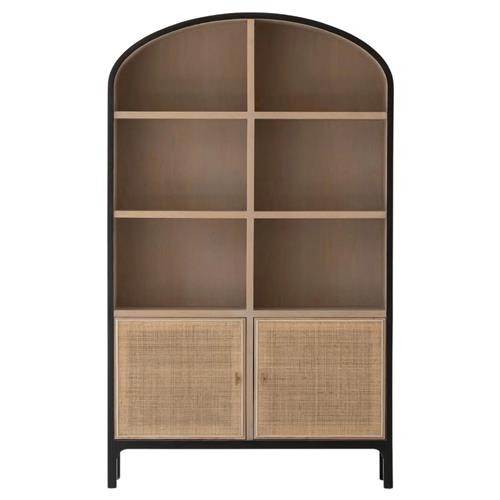 Anya Coastal Beach Black Oak Natural Rattan 2 Door Closed Back Curved Bookcase | Kathy Kuo Home