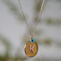 14K Solid Gold Initial Necklace, Custom Letter Pendant, Nostalgic Name Pendant With Evil Eye, Medall | Etsy (US)