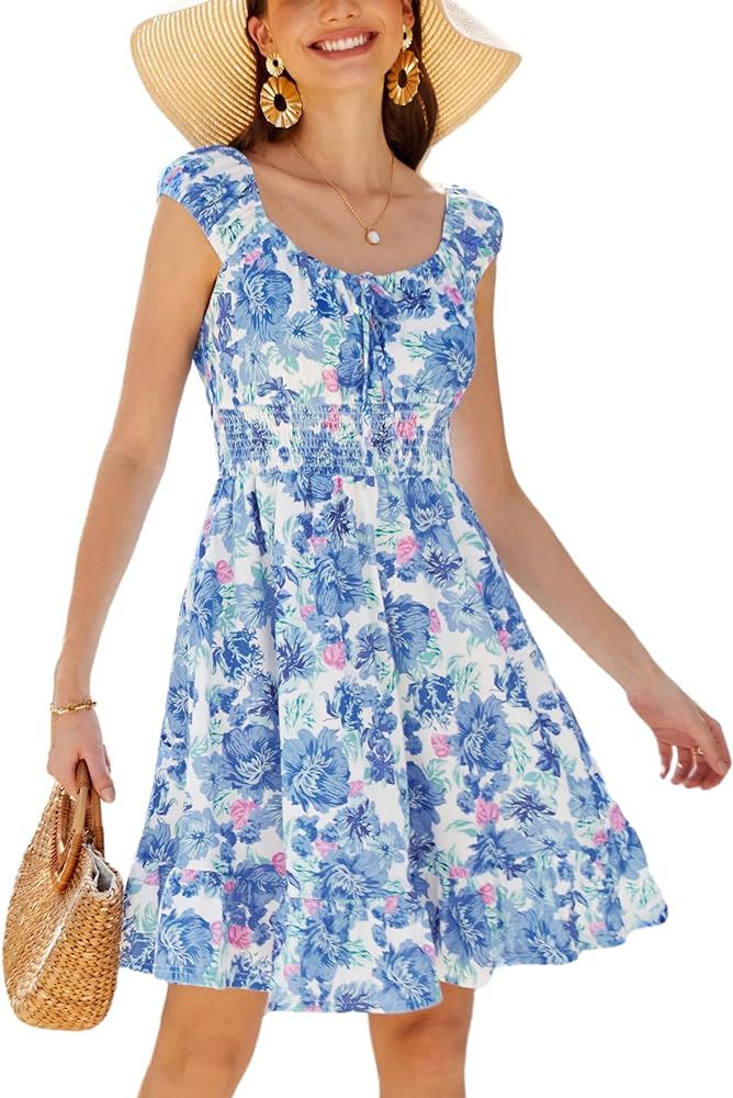 GRACE KARIN 2024 Women's Summer Floral Dress Cap Sleeve Smocked Flowy Short Dress Boho Flared Ska... | Amazon (US)