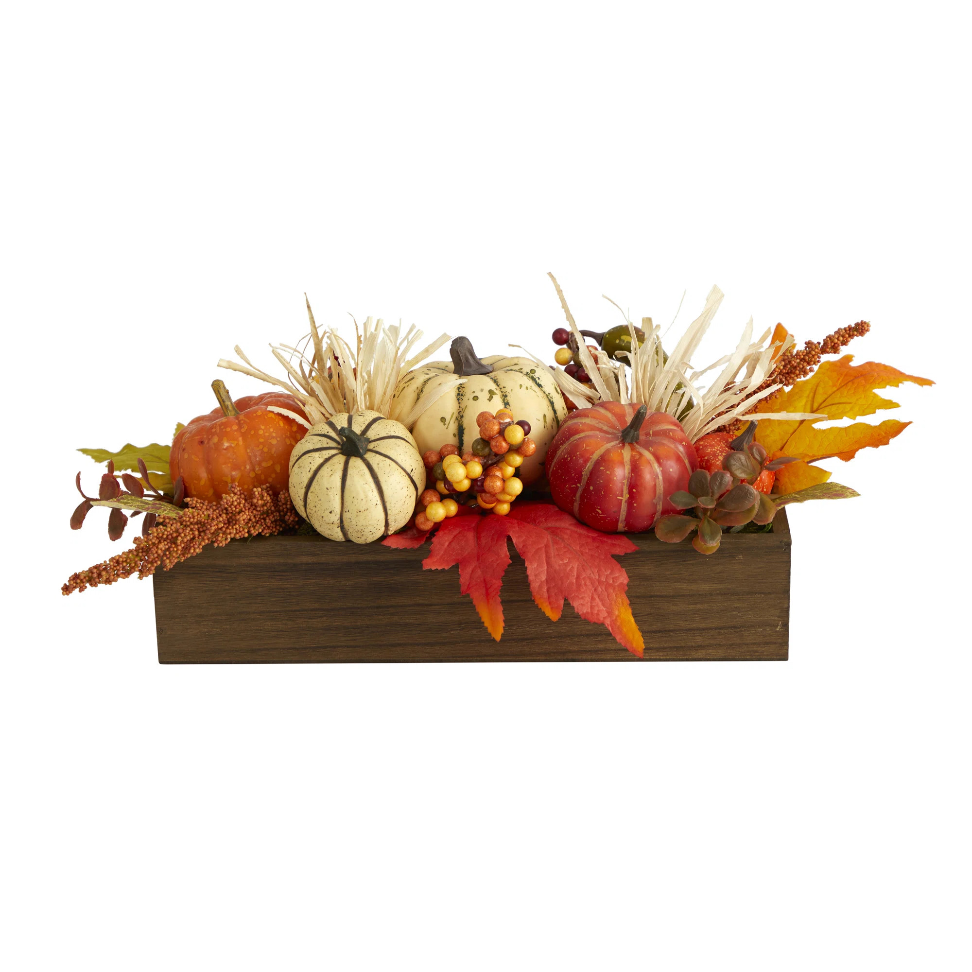 Harvest Pumpkin and Berries Artificial Arrangement in Wood Vase | Wayfair North America
