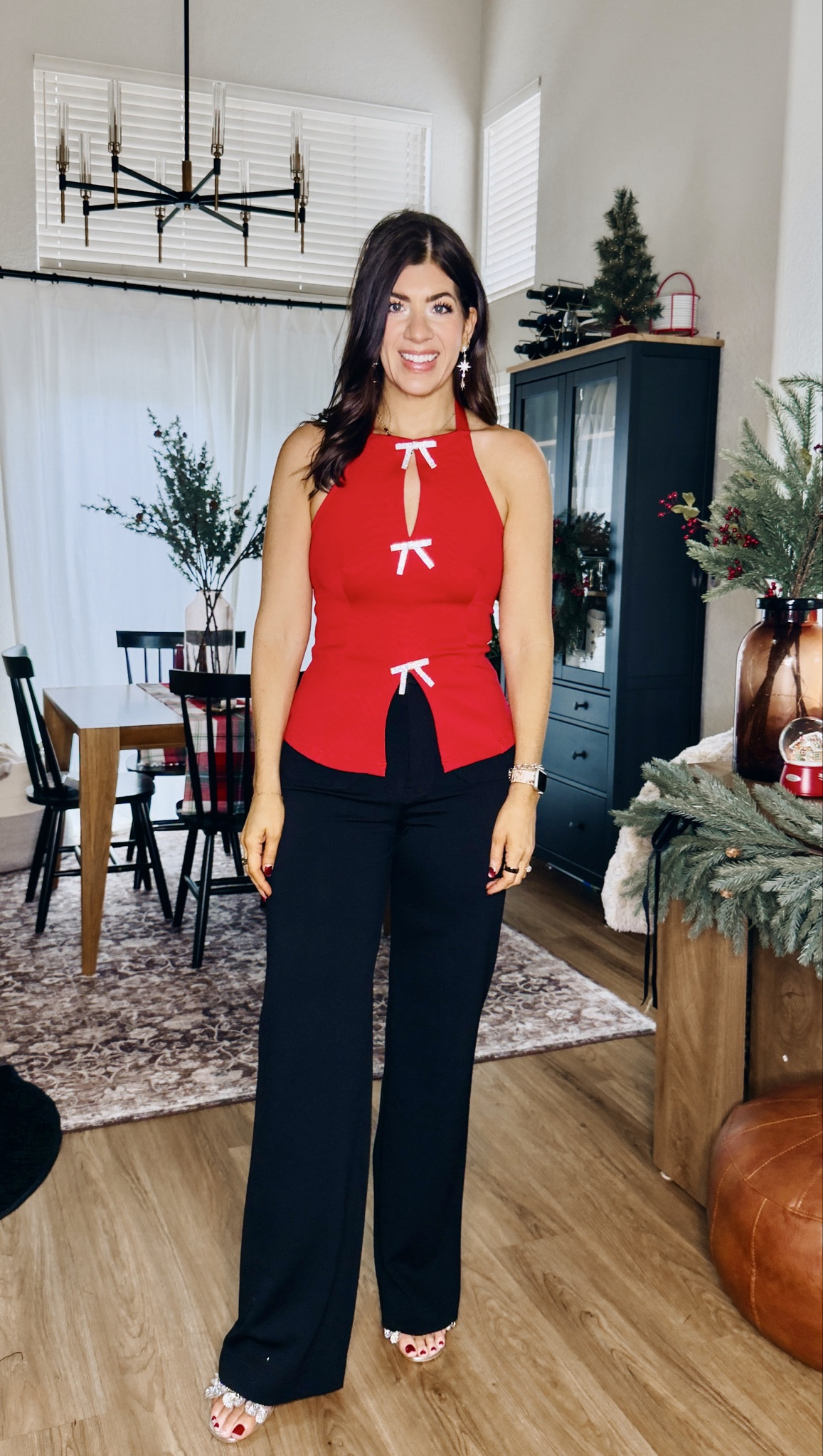 Anthro code- MK30
In a medium bow halter top
29 Tall wide leg pants 

#LTKMidsize #LTKSaleAlert #LTKHoliday