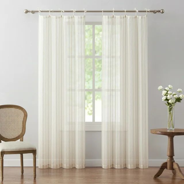 My Texas House Emerson Linen Stripe Light Filtering Tie Top Curtain Panel Pair, Taupe, 76" x 106" | Walmart (US)