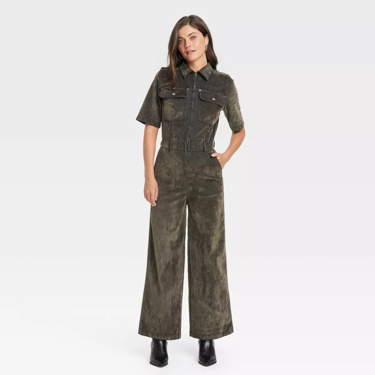 Women's Holiday Short Sleeve Flocked Denim Jumpsuit - Universal Thread™ Olive | Target