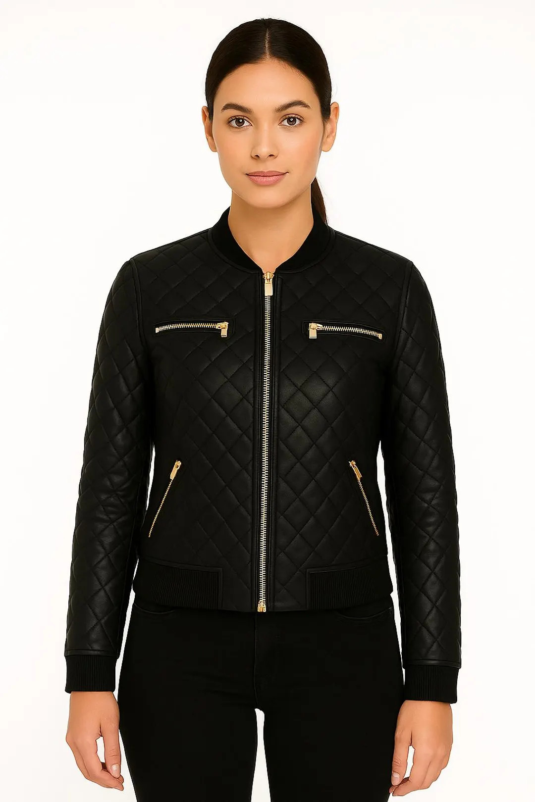 Black Quilted Leather Bomber Jacket | Women’s Slim Fit Moto Style with Gold Zippers | Leather B... | Etsy (US)