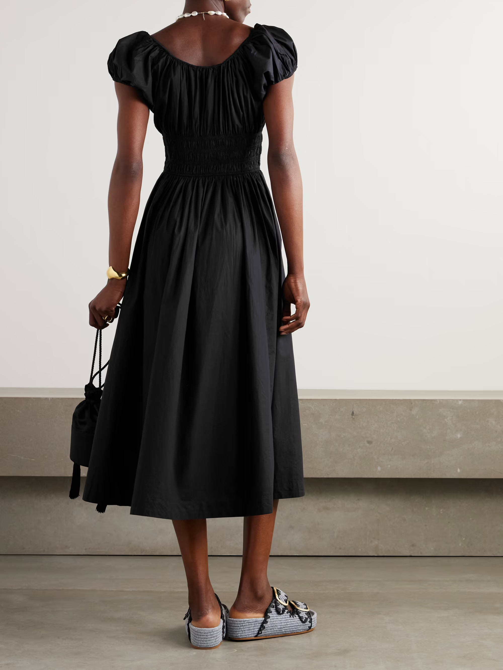 Quinn tie-detailed shirred organic cotton-poplin midi dress | NET-A-PORTER (US)