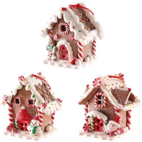 UAEYW 3Pcs Gingerbread House Ornaments for Christmas Tree Decorations Battery Operated Lighted LED Clay Hanging Candy House Ornament with Rope for Xmas Holiday Party New Year Home Decor | Amazon (US)