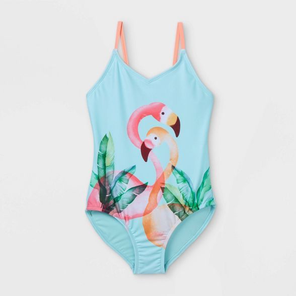 Girls' Flamingo Print One Piece Swimsuit - Cat & Jack™ Aqua | Target