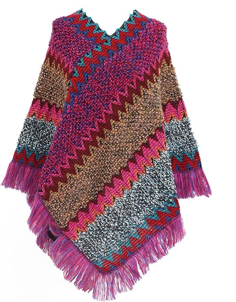 Women's Poncho Sweater Zig Zag Knit Mexican Poncho Wrap Fall Hippie Soft Fringe Crochet Shawl Asy... | Amazon (US)