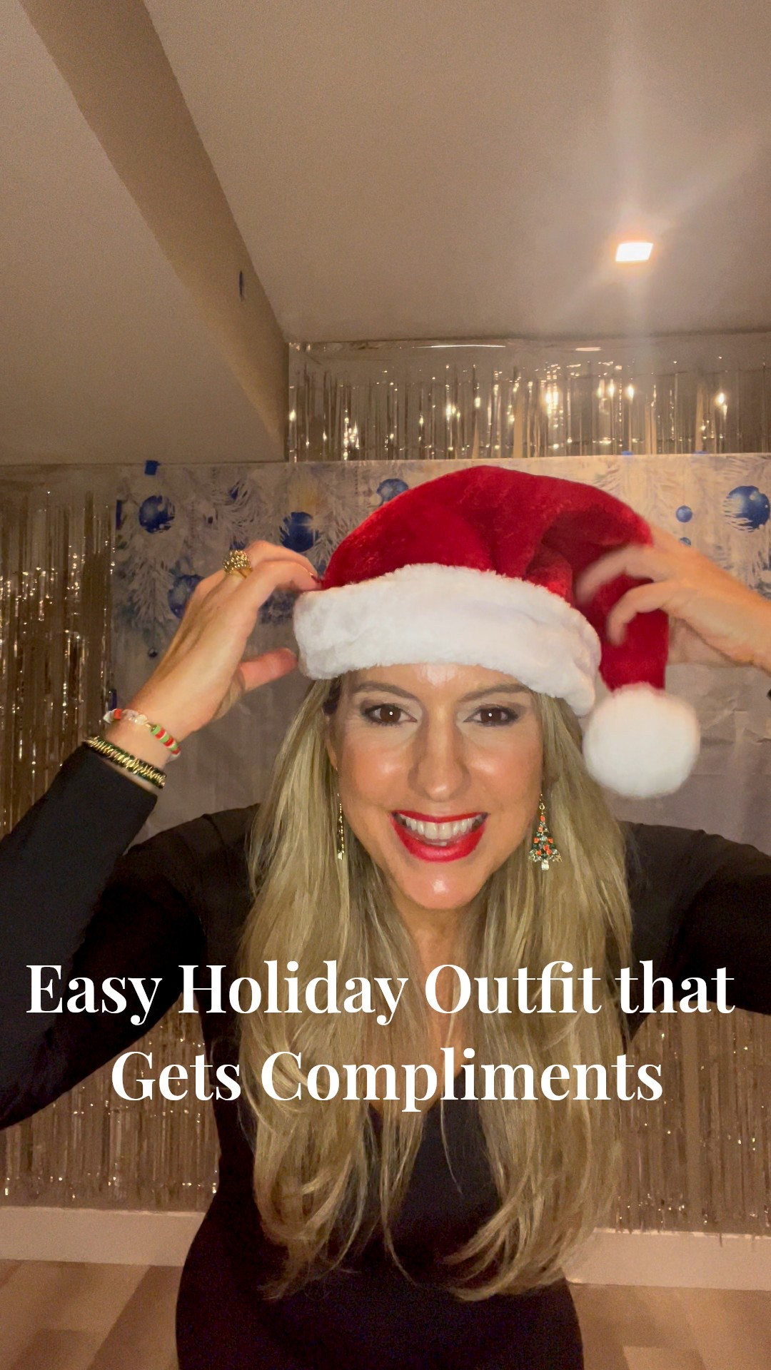 Fixed the Santa hat and the whole look clicked 🎄🌟🎅🧑‍🎄 Plus, the best part is that this classic black outfit can be styled with a variety of different accessories for work, date night or any occasion as long as you accessorize it right. By the way, the black pants are so comfortable and fit perfectly. They have a naturally slimming, put-together effect. I would suggest sizing down if you like a more fitted look like I prefer.

#LTKHoliday #LTKSeasonal #LTKgrwm