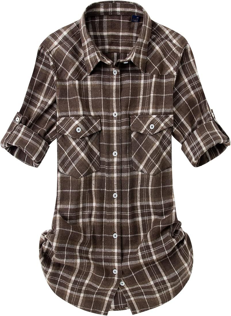 Alimens & Gentle Womens Flannel Plaid Shirt Long Sleeve Roll Up Button Down Casual Shirts | Amazon (US)