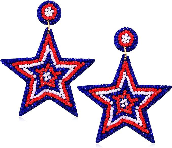 American Flag Earrings Beaded Ice-cream Heart Star Drop Dangle Earrings for Women Handmade 4th of... | Amazon (US)