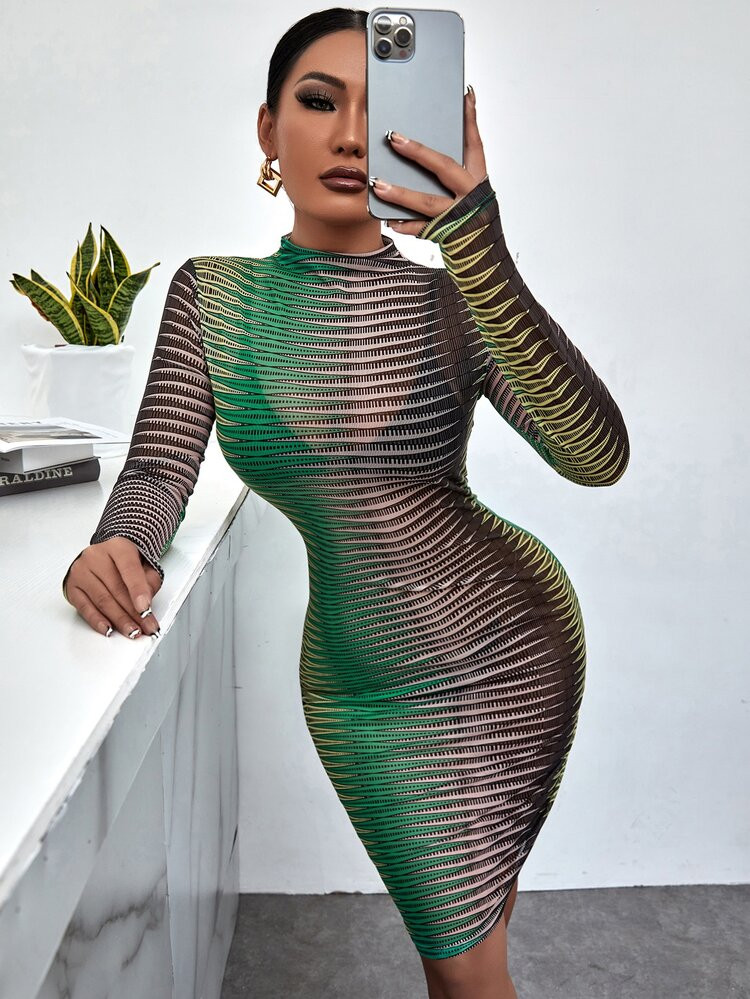 SHEIN SXY Allover Print Mesh Bodycon Dress Without Lingerie | SHEIN