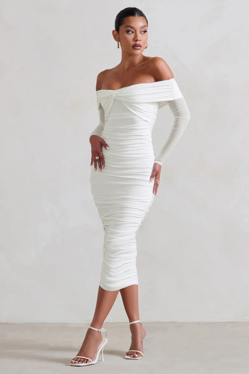 Neva | White Bardot Twist Midi Dress | Club L London