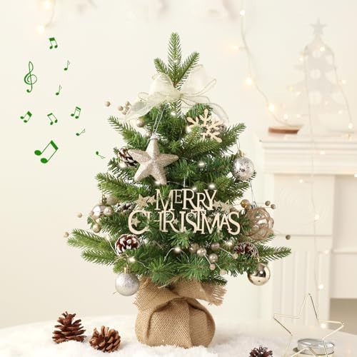 Mini Christmas Tree, Tabletop Small Christma Tree Green Prelit Christmas Tree with Music Artificial Xmas Tree with Xmas Ornaments Christmas Decorations Indoor Outdoor for Home Party | Amazon (US)