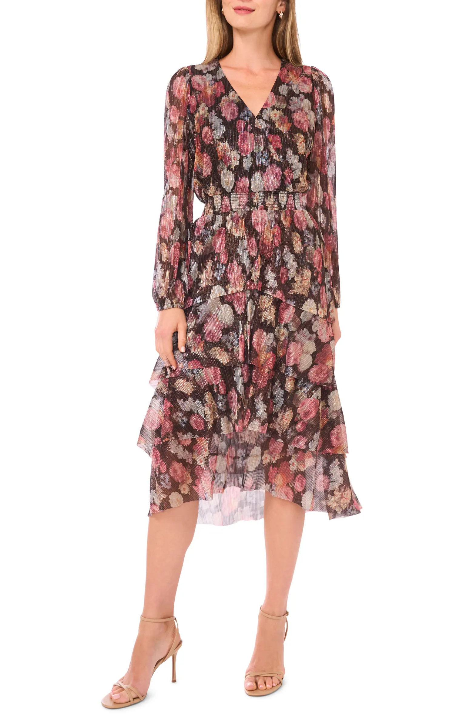 Metallic Floral Long Sleeve Plissé Midi Dress | Nordstrom