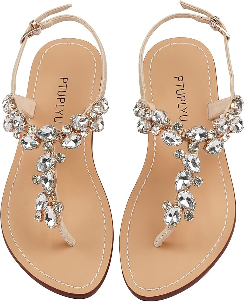 Women's Rhinestone Flat Sandals Fashion Crystal Flip Flop Casual Summer Beach Ankle T-Strap Buckle J | Amazon (US)