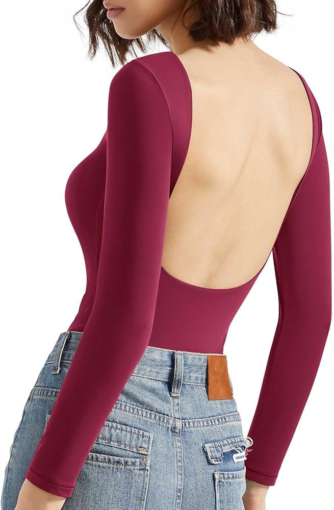 SUUKSESS Women Backless Y2k Long Sleeve Bodysuit Double Lined Open Back Sexy Basic Top | Amazon (US)