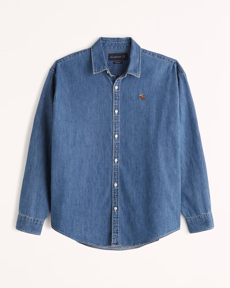 Oversized Signature Icon Denim Button-Up Shirt | Abercrombie & Fitch (US)